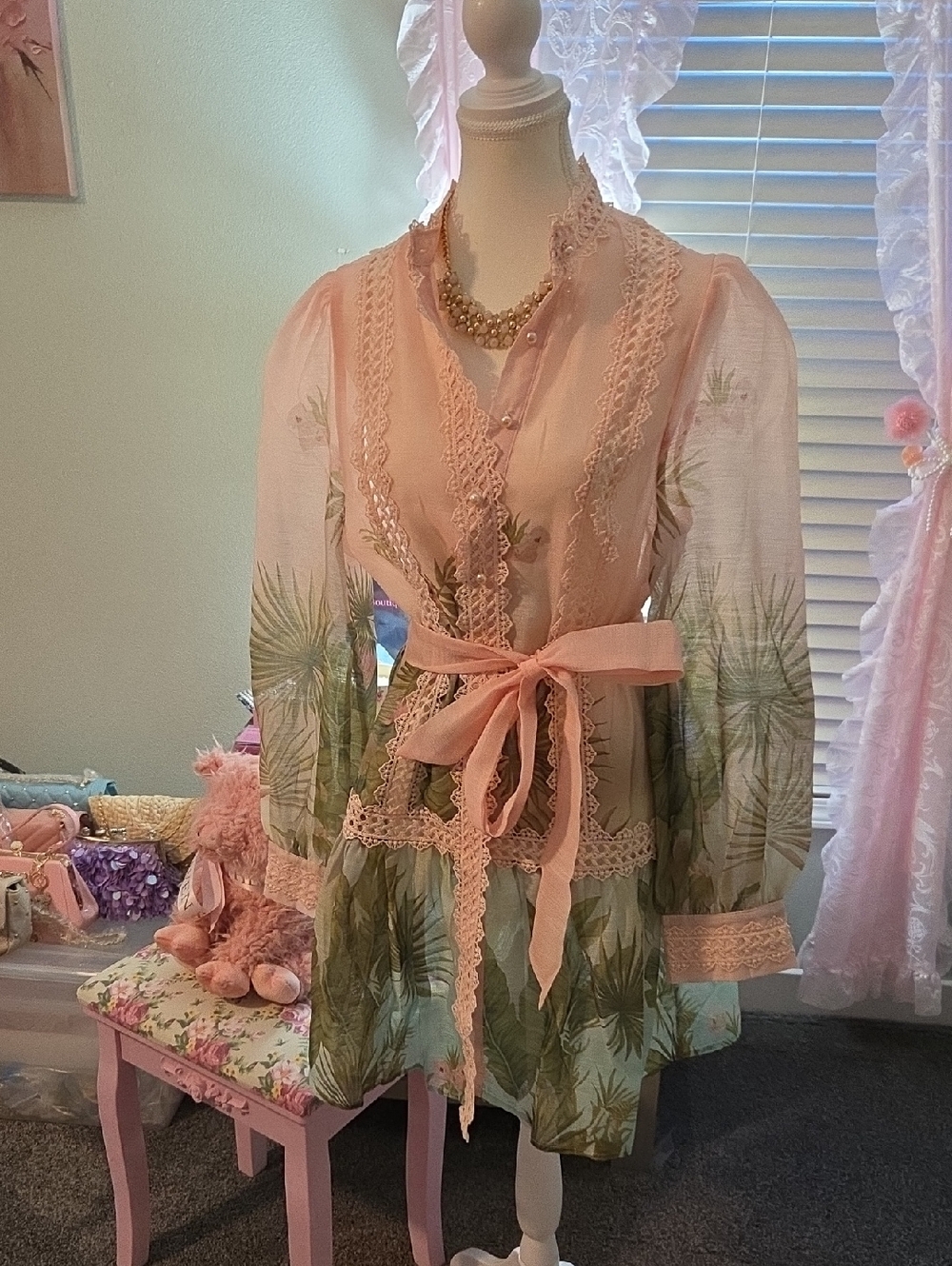 Peach/Pink & Green Floral Tie-Waist Mini Dress Zimmerman Replica NWOT
